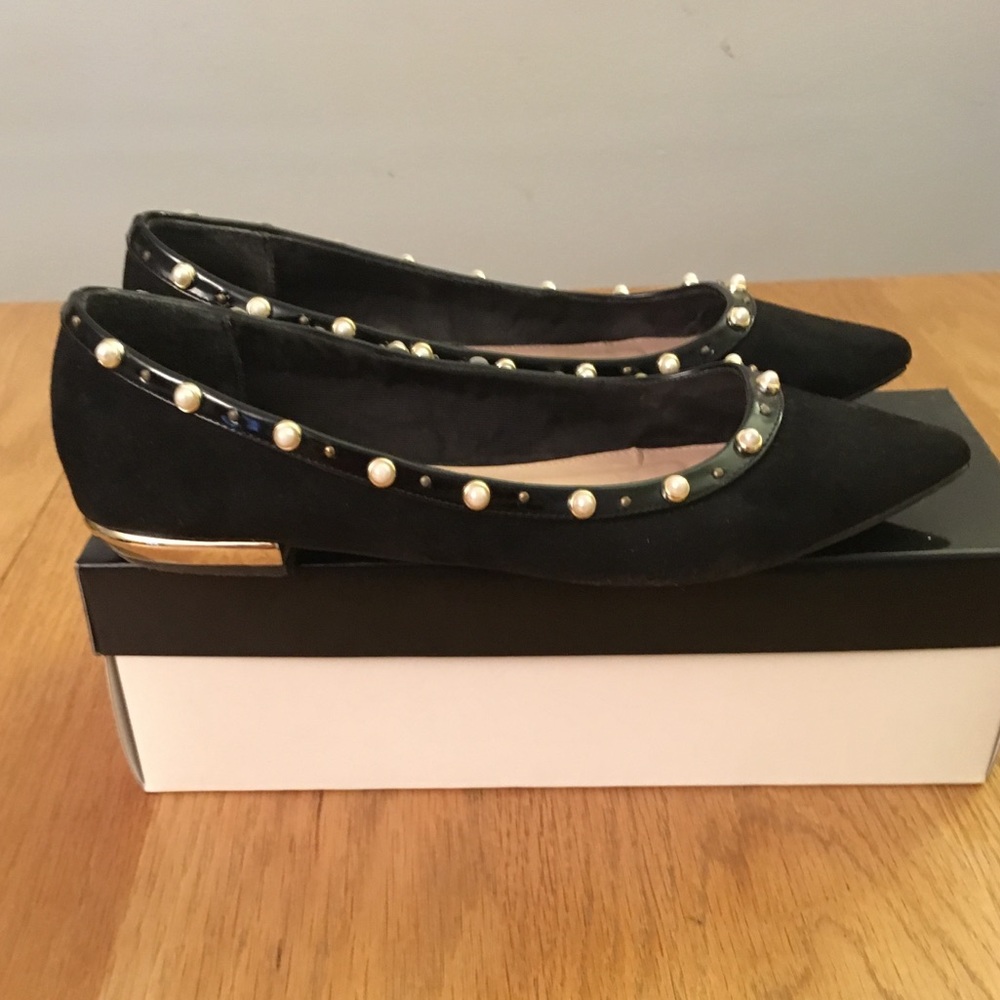 Miss KG Black flats - Pearl studded & gold detail